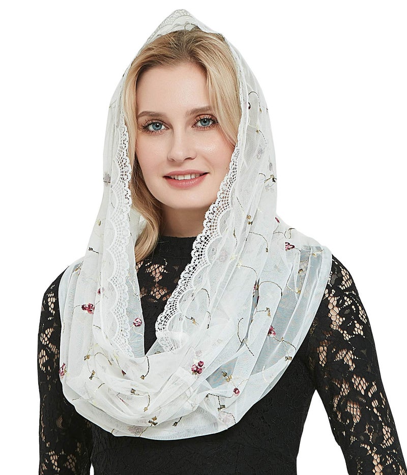 Leimandy Orthodox Veil Head Covering with Embroidered Flowers Catholic Chapel Mantilla Infinity Veil for Church Worship & Latin Mass V50 (Ivory Wrap) - Image 1